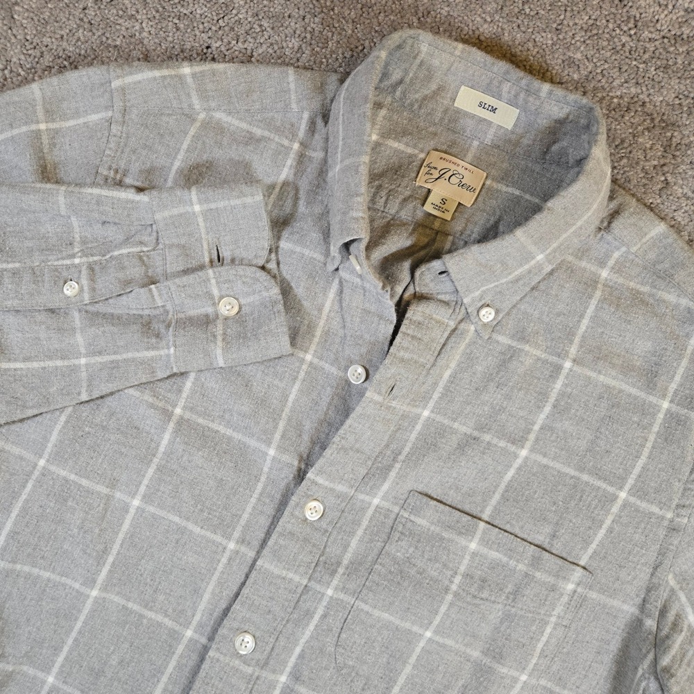 J Crew Brushed Twill Custom Fit Shirt Men's Gray & White Plaid Small Button Down